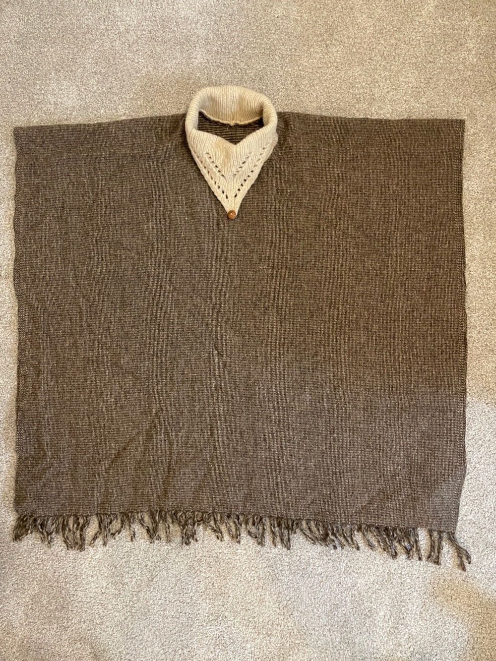 Brown Fringe Knit Poncho with Cream Collar